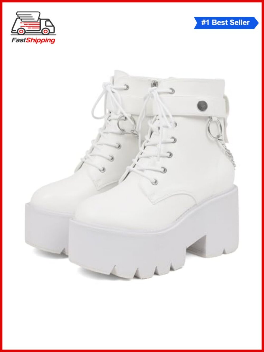 ✨ Platform Ankle Boots Faux Leather Combat Booties Goth Rave Chain